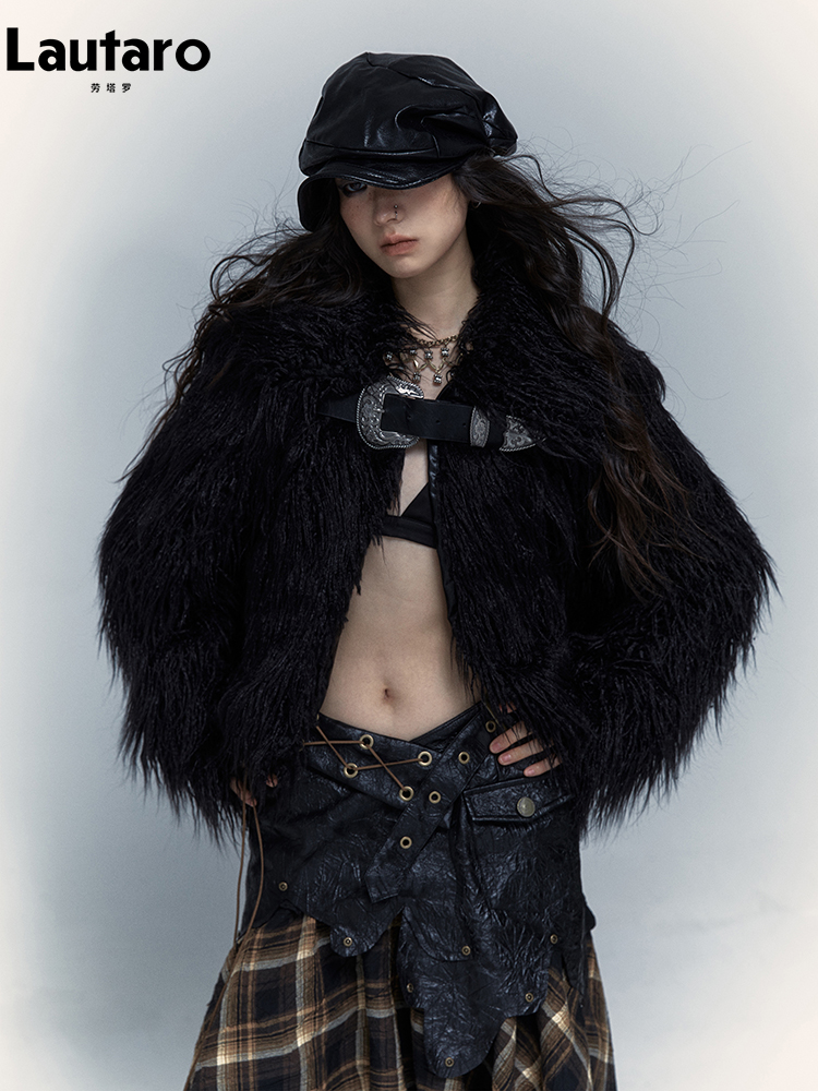 Lautaro Winter kurz schwarz warm dick flauschig Kunst pelz Mantel Frauen cool gut aussehend Luxus Designer Kleidung Punk-Stil Landebahn Mode