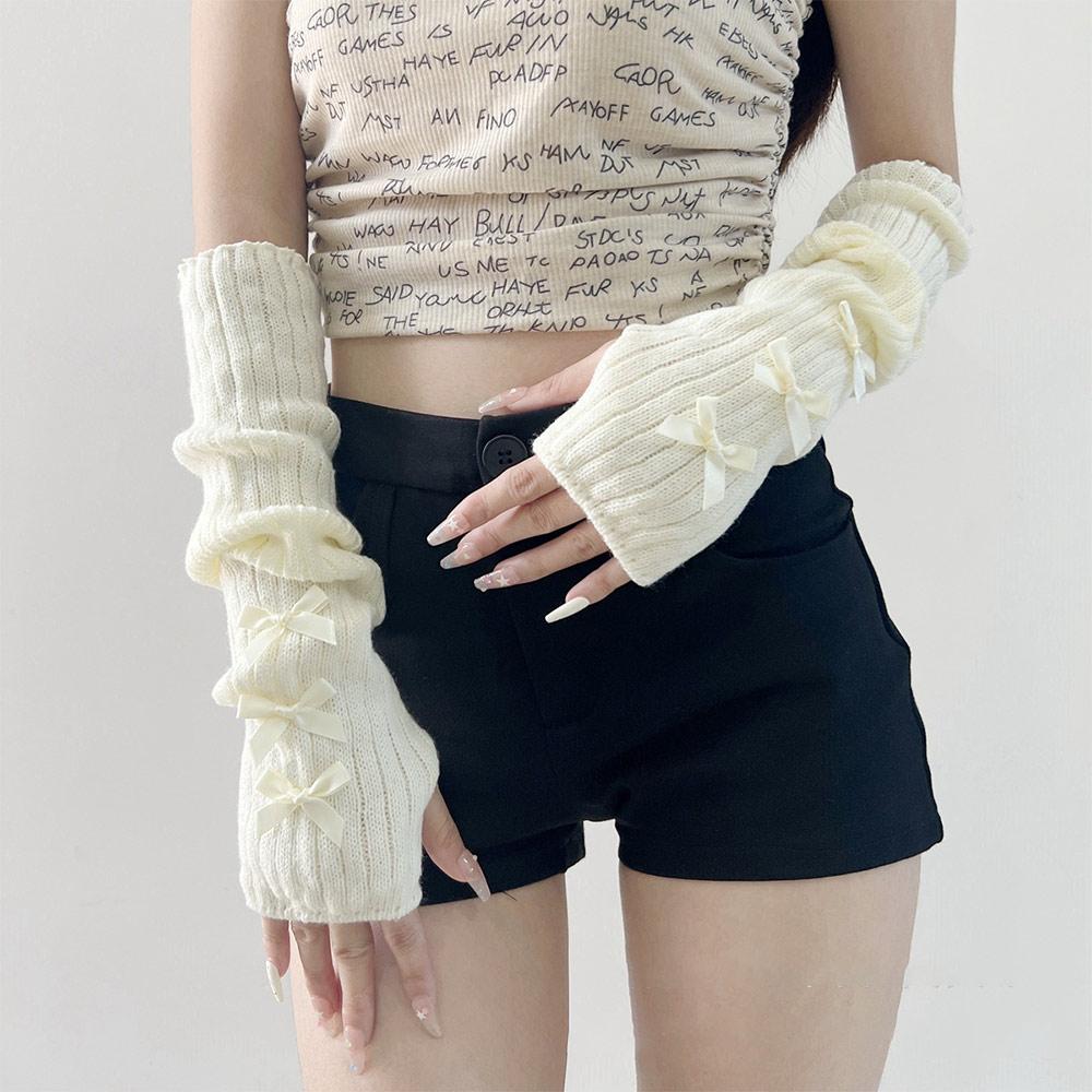 Lolita Bowknot Arm Warmers Japanese Harajuke Y2K Sweet Knit Long Sleeve Fingerless Mittens Gothic Fingerless Gloves for Women