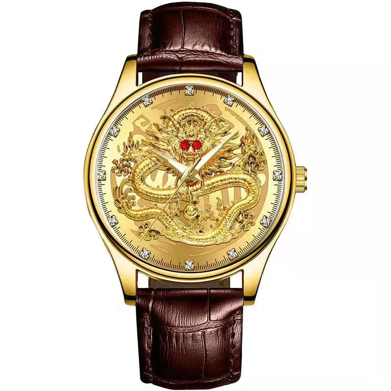 WOKAI, reloj de cuarzo con cinturón de ocio para hombre de alta calidad, luminoso, resistente al agua, comercial, resistente al agua, estilo chino Golden Dragon