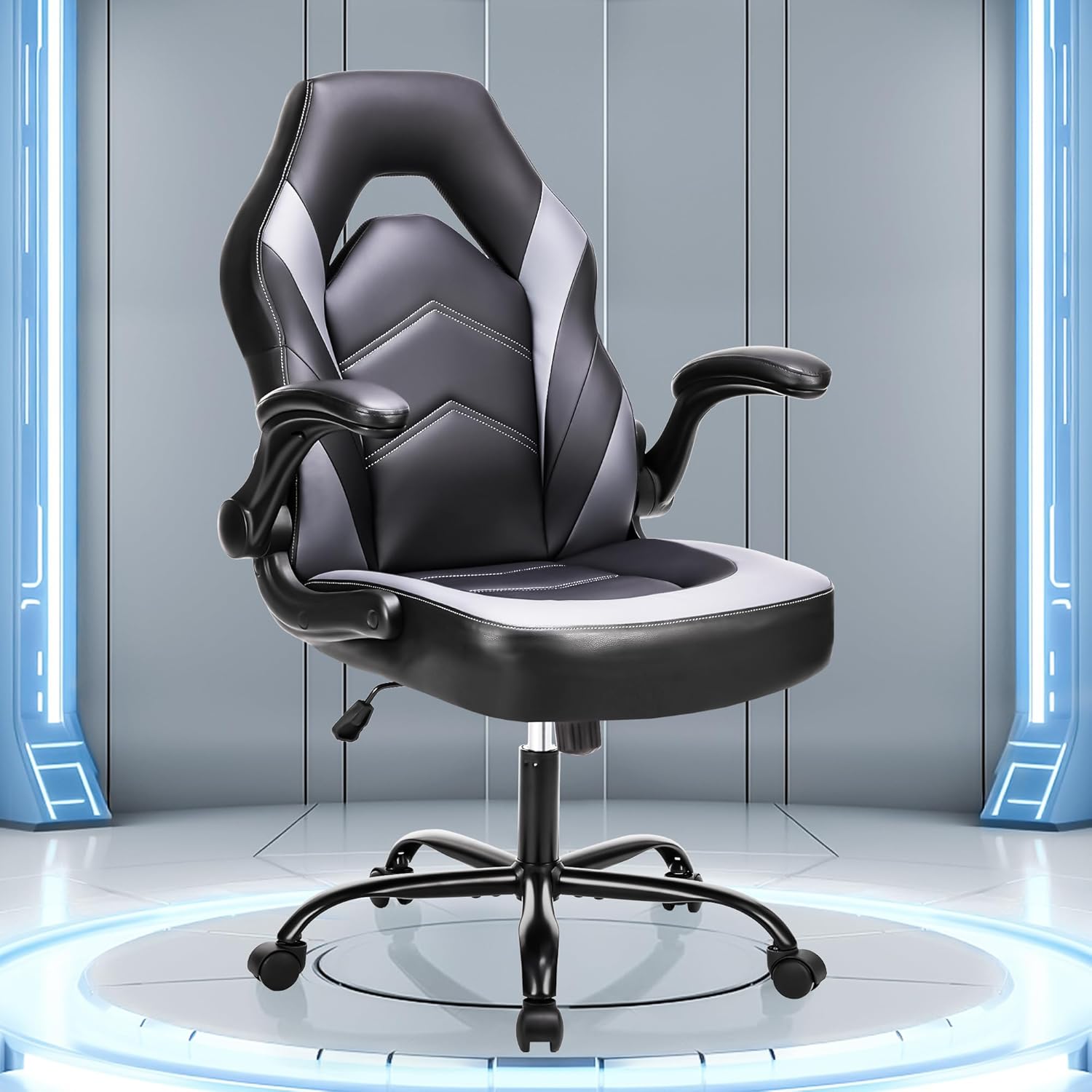 Big and Tall Office Desk Leather Gaming Computer Chair with Adjustable Swivel Task and Flip-up Arms for Adults,Teens - Grey
