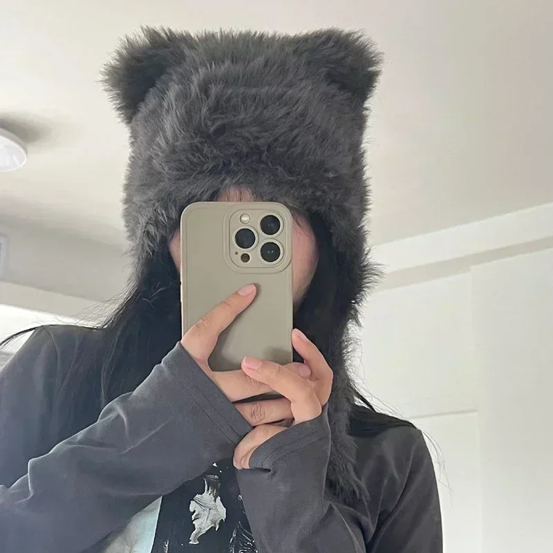 Otoño e Invierno suave de felpa lindas orejas de gato dulce jersey sombreros de mujer coreano Casual compras protección de los oídos correa gorros gorra