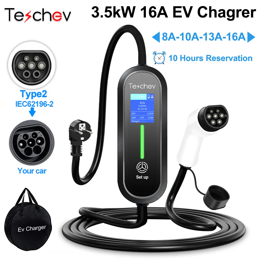 Przenośna ładowarka do samochodów elektrycznych Teschev 220V 230V 16A, kabel ładujący Type2 IEC62196-2, wtyczka Schuko do stacji ładowania Wallbox.