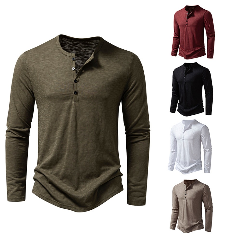 Herren-Hemd aus Baumwolle mit Henley-Ausschnitt, langärmelig, lässig, mit Knöpfen, einfarbig, modische T-Shirts