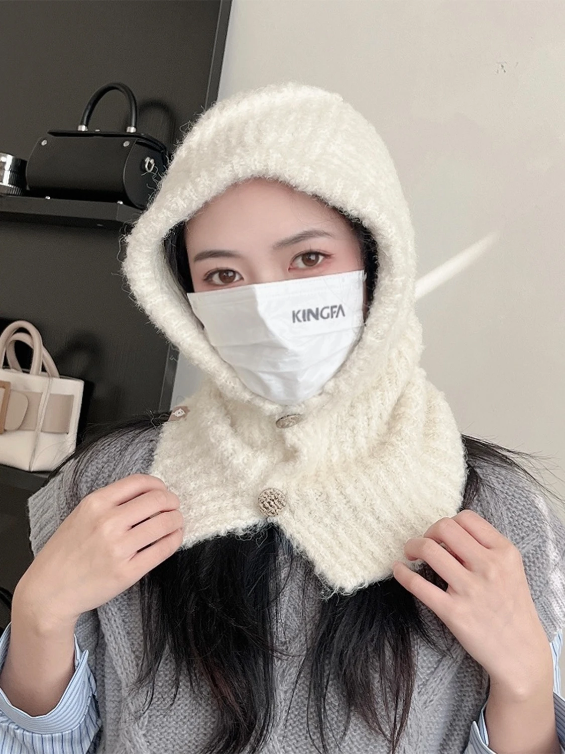 Mode Balaclava Stricken Alpaka Wolle Hut Schal Frauen Männer Herbst Winter Tasten Kappe Halstuch Set Weiche Warme Kapuze