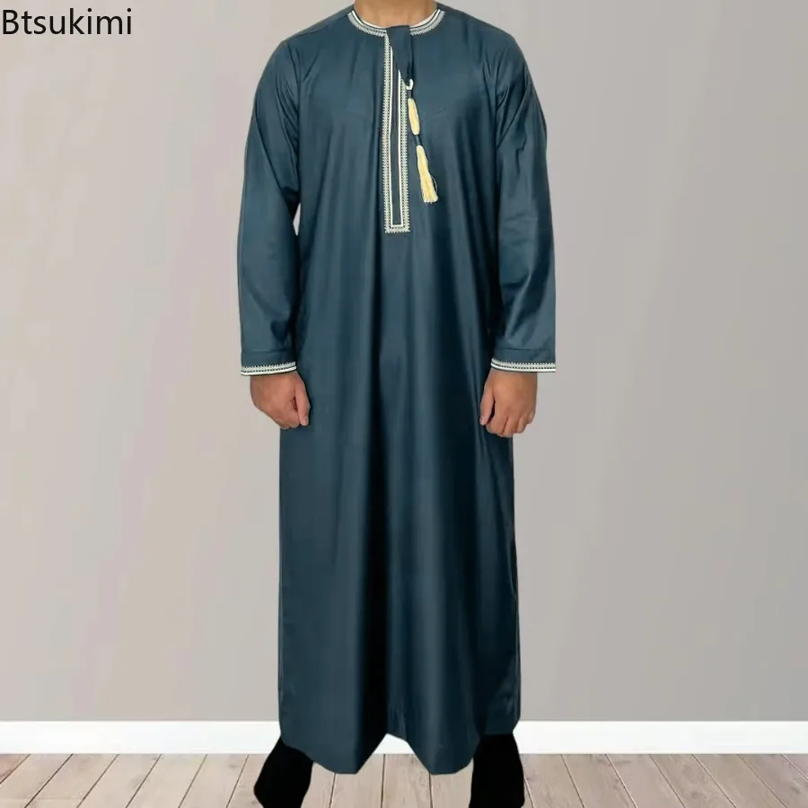 Moda muçulmana abaya para homens vestido de manga longa robe o pescoço bordado masculino jubba thobe paquistão árabe islam roupas oração kaftan
