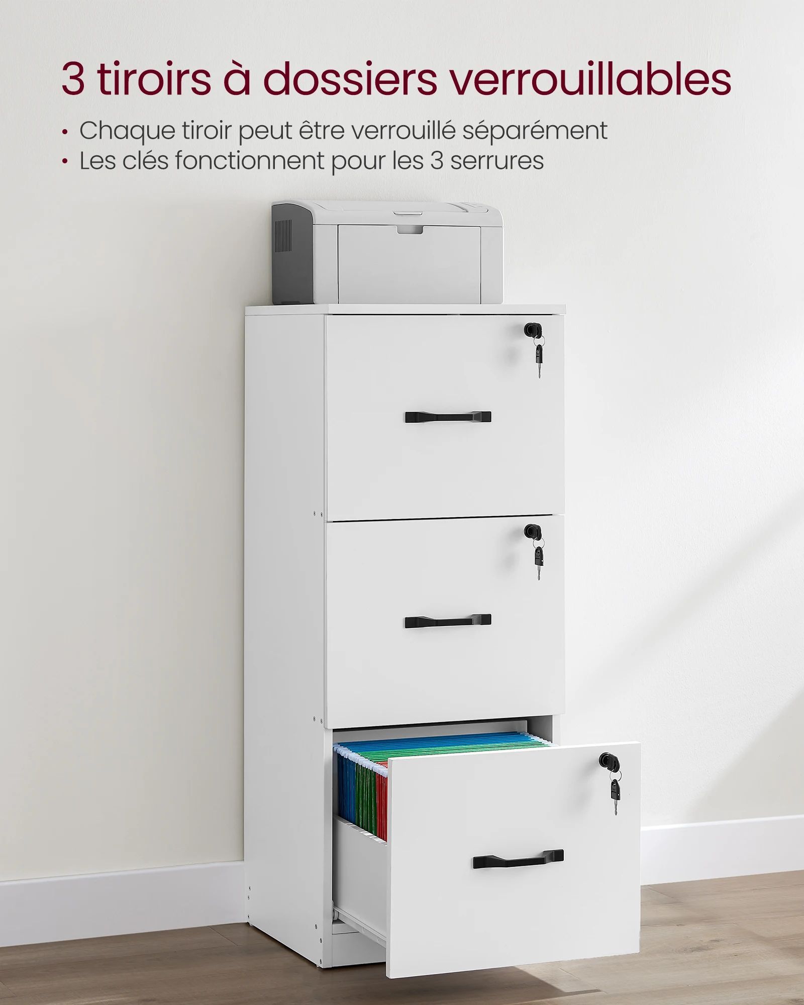 VASAGLE Caisson de Bureau à 3 Tiroirs, Meuble de Rangement de Document, Support d’Imprimante, 3 Tiroirs Verrouillables, Rail de Suspension Réglable, pour Dossiers A4