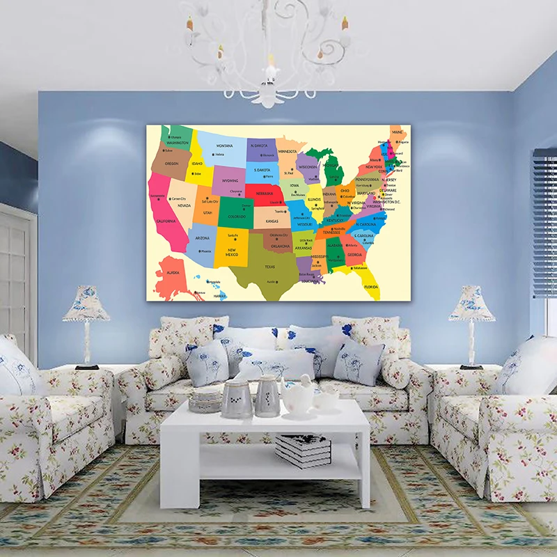 225*150Cm USA Bản Đồ Trong Tiếng Anh Không Dệt Vải Tranh Trang Trí Áp Phích Và In Hình Phòng Khách trang Trí Nhà Vật Dụng Văn Phòng