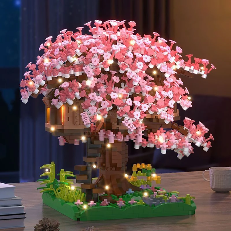 Sakura Tree Micro Blocks met LED-verlichting - Kersenbloesem Boomhut Model, 3D Romantisch Nachtgloed Decor, Doordacht Cadeau voor haar