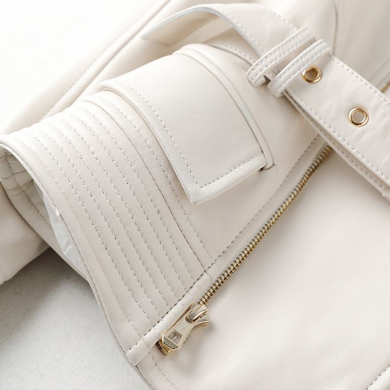 100% echtes Leder Frauen Importiert Schaffell Jacken Mode V-ausschnitt Diagonal Zipper Weibliche Dünne Gürtel Kurze Weiße Lammfell Jacken