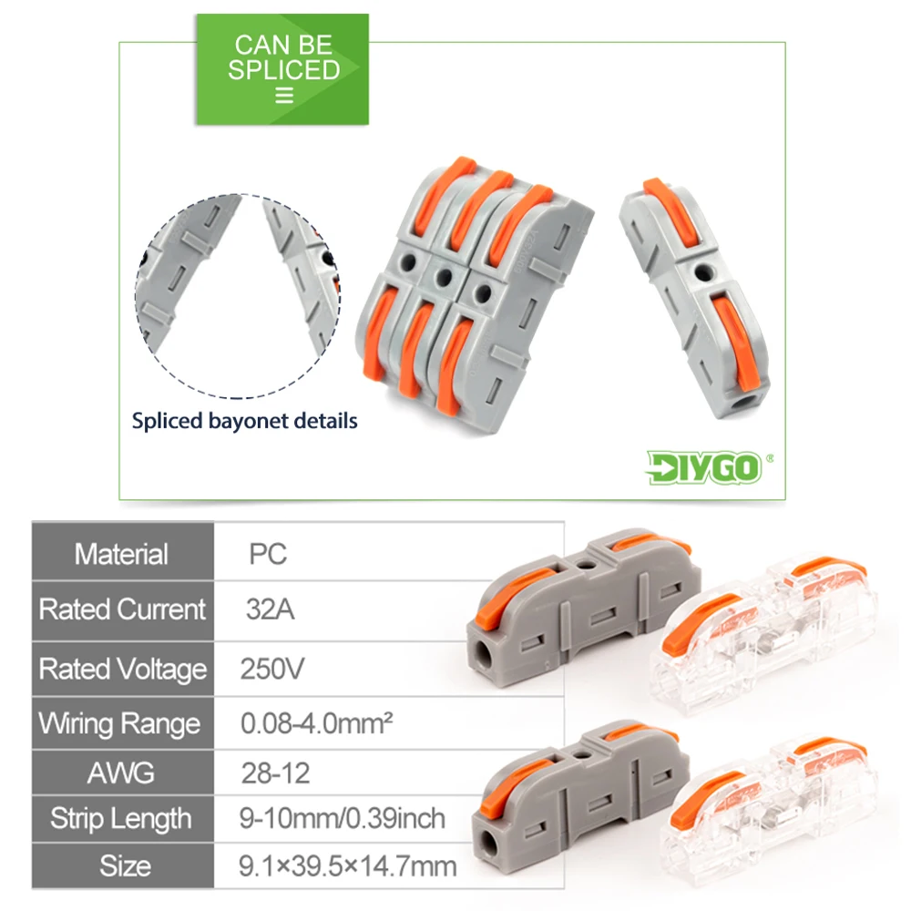 Conector de fiação de alavanca, emenda compacta rápida, conector elétrico, terminal de extremidade 1 a 1, conector de fio em linha, conexão 28-12 awg