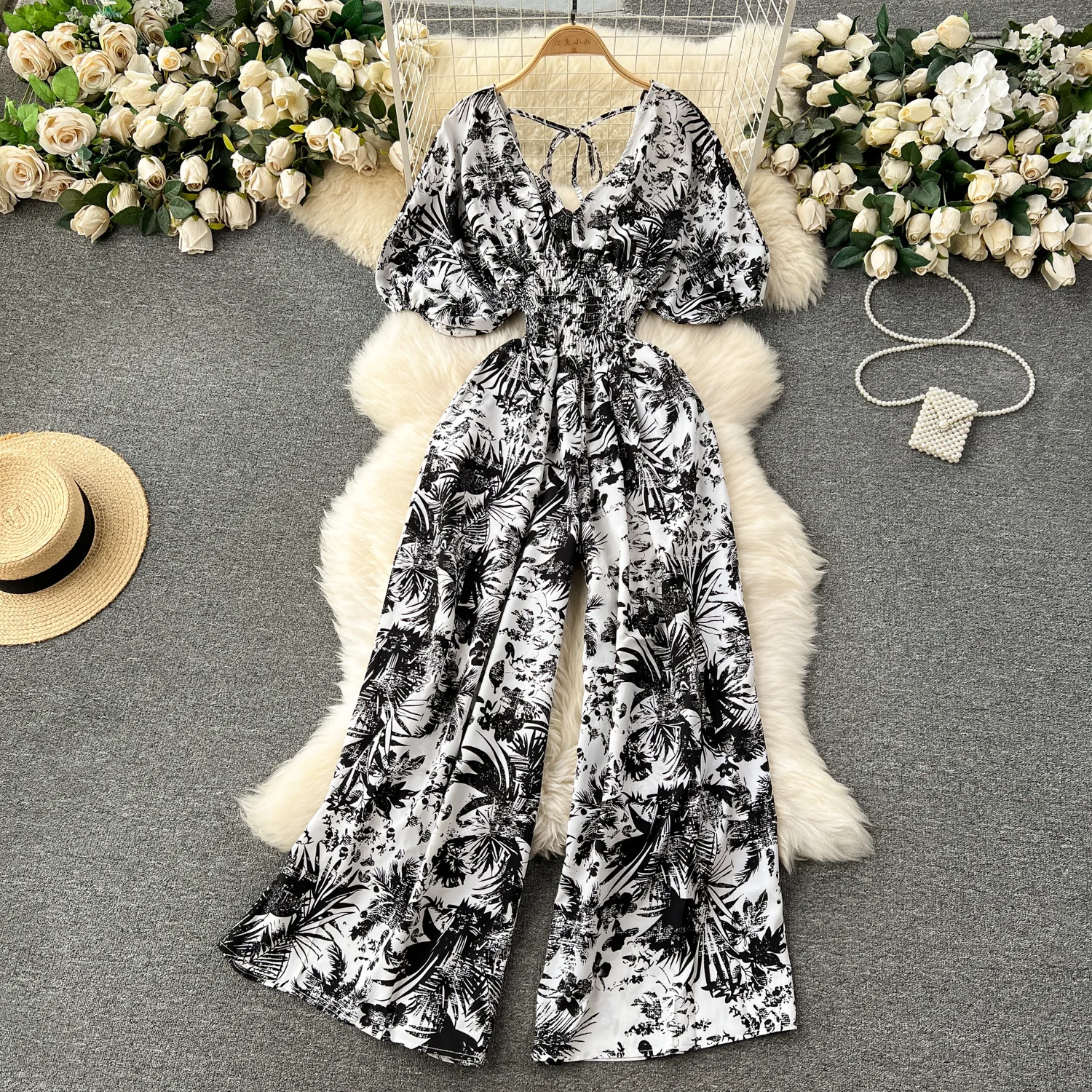 V-Hals Sexy Dolman Mouwen Taille Slanke Bloemenprint Jumpsuit Vrouwen Wijde Pijpen Broek Jumpsuit