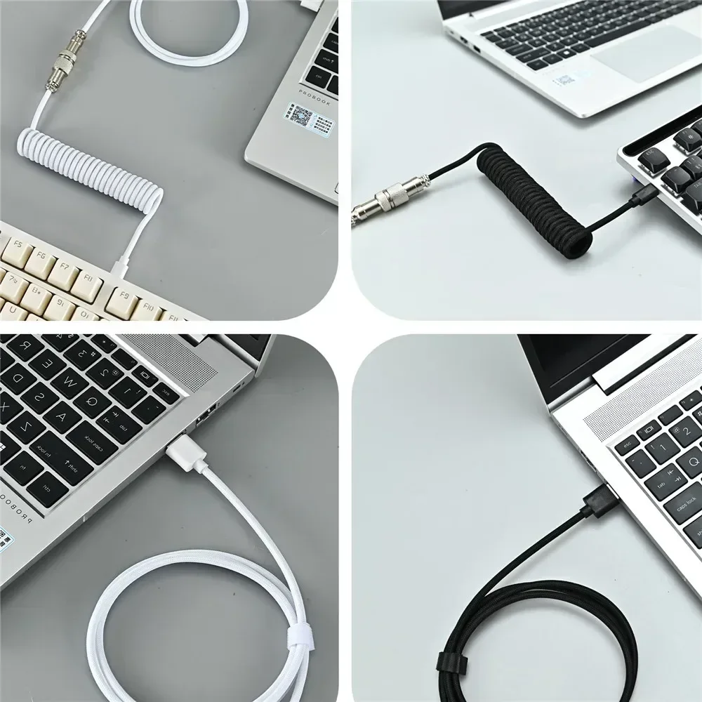 Cabo enrolado de teclado mecânico, porta USB tipo C, cabo de enrolamento de aviador para jogos e computadores desktop