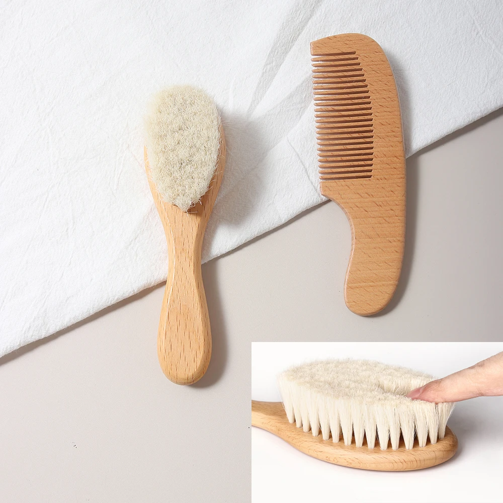 2 stücke Baby pflege Haar Wolle Bürste Buche Holz Kamm Neugeborenen Massage Kamm Baby party Geschenkset natürliche Baby bürste