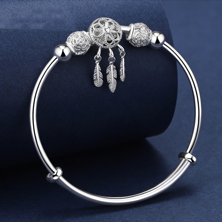Silber Farbe Dreamcatcher Quaste Feder Glück Perlen Armband Armreif für Frauen Mode Original Party Hochzeit Schmuck Geschenk