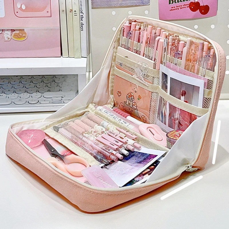 90 ° Estuche para lápices multicapa con apertura, artefacto de almacenamiento de papelería para estudiantes, bolsa de papelería clasificada y organizada de gran capacidad