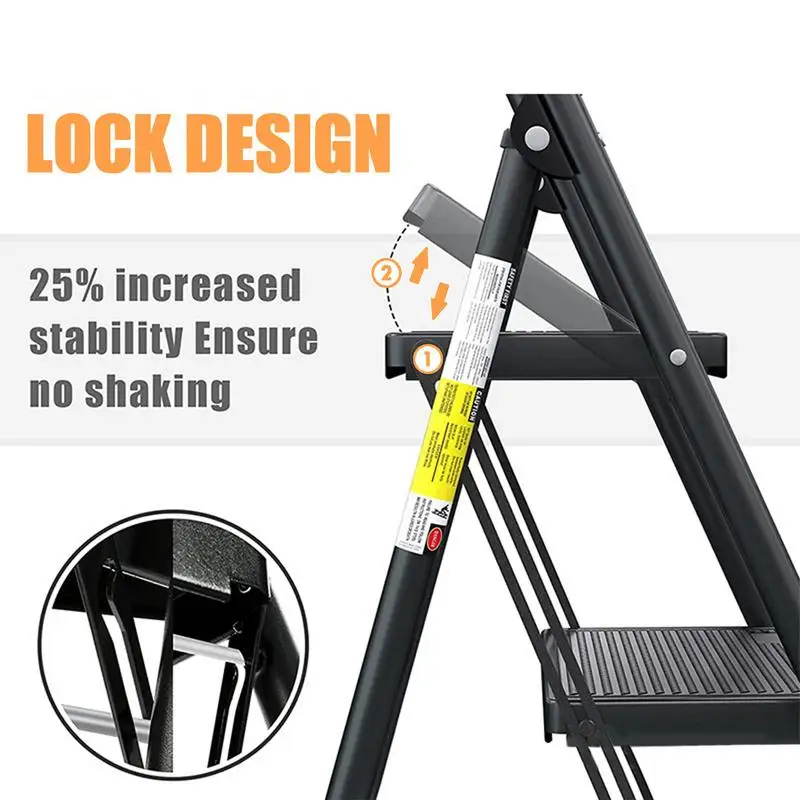 Step Ladder Ergonomic Step Stool with Handle Foldable Ladder Non-slip 3-Step Portable Step Ladders Wide Pedals Closet Stool