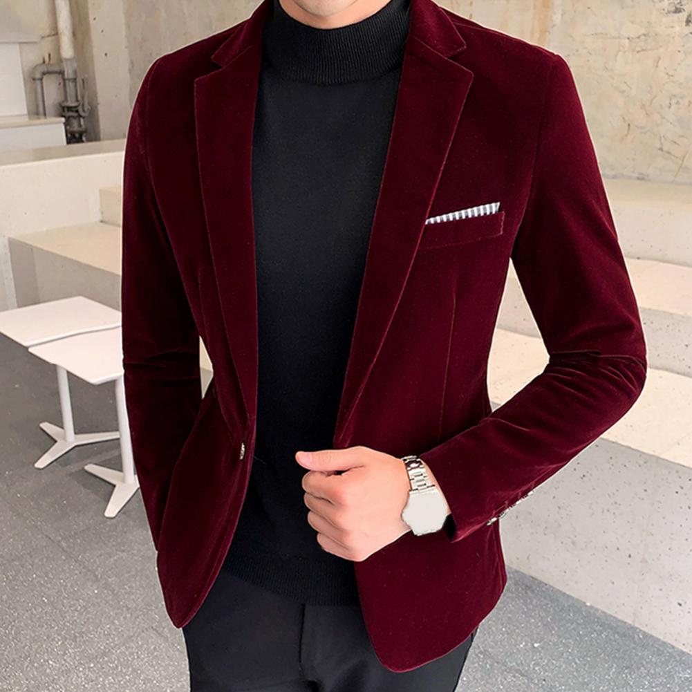 Blazer de terciopelo para hombre, abrigo de traje ajustado con un solo botón y cuello vuelto con temperamento, chaqueta de traje Formal para hombre con forro de terciopelo elegante