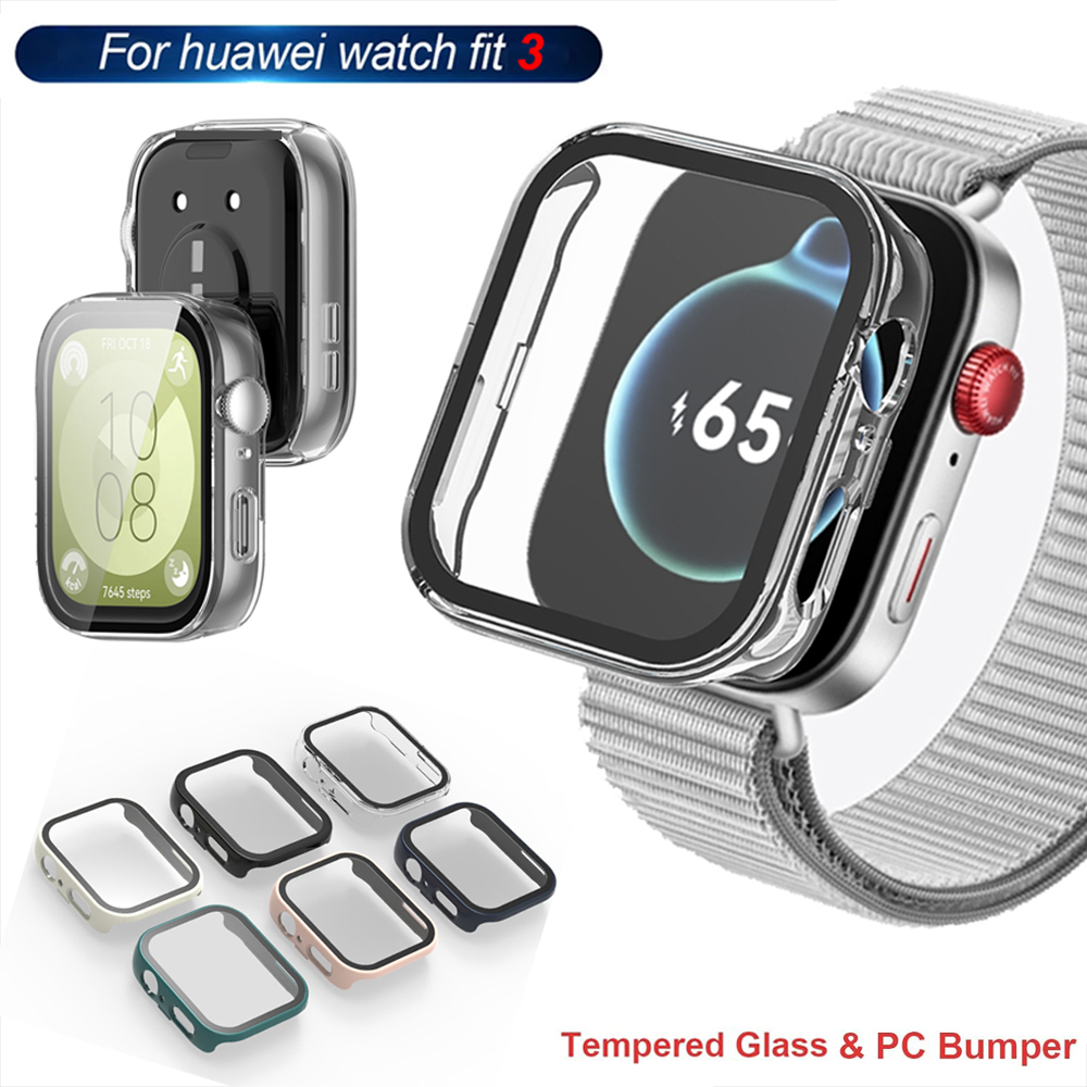 ガラス + ケース Huawei 社ウォッチフィット 3 オールラウンドスクリーンプロテクターハード PC バンパー強化ガラス時計ケース Huawei 社ウォッチフィット 3