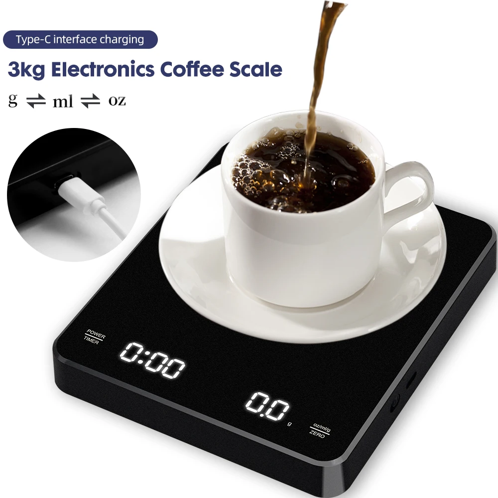 Báscula de café con pantalla LCD de 3kg/0,1g, balanza de 250mAh Oz/ml/g con sincronización, resistencia al calor de alta precisión 135 ℃   Medición de peso