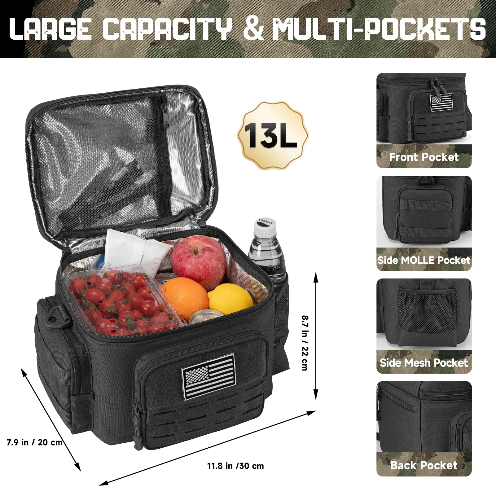 13L Tactical Thermal Cooler Bag Picnic Cooler Box Camping Lunch Bag Outdoor Heavy Duty Lunch Box Cooler Backpack Camping Storage