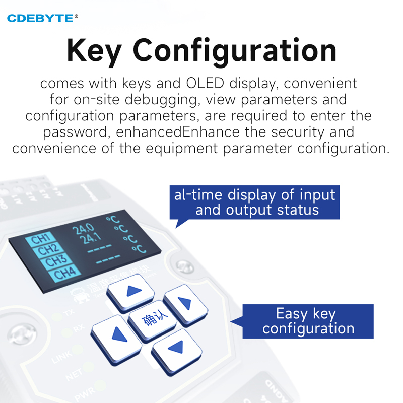 Temperaturerfassungsmodul 4-Wege PT100 RTD Ethernet RS485 mit OLED-Display CDEBYTE ME31-XDXX0400 Unterstützt Modbus