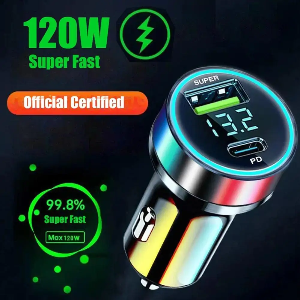 Cargador rápido para coche 12-24V USB dual tipo C 120W + PD20W para IPhone13 Pro teléfono carga rápida para coche