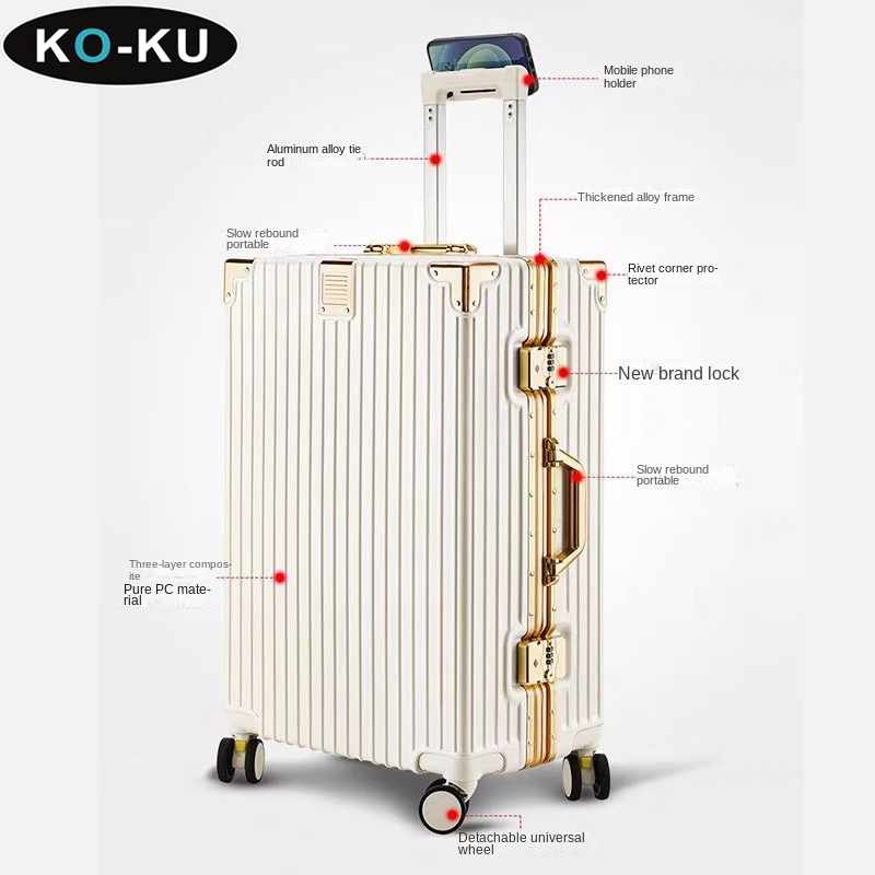 KO-KU Aluminium Frame Luggage 28'' Large Size Suitcase Removable Universal Wheel Student Mobile Phone Holder Trolley Case