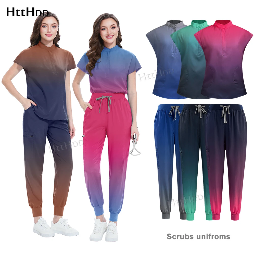 Niaahinn Scrub Krankenhaus Medizinische Krankenschwester Scrubs Top Hosen Sets Unisex Frauen Schönheitssalon Farbverlauf Scrubs Uniformen Großhandel