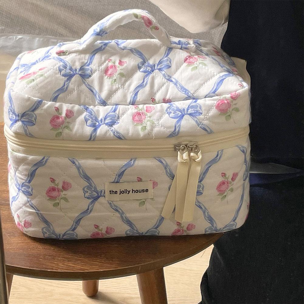 Bonito arco flor acolchoado algodão saco de maquiagem feminino zíper organizador cosmético feminino pano bolsa portátil caso de higiene pessoal para meninas