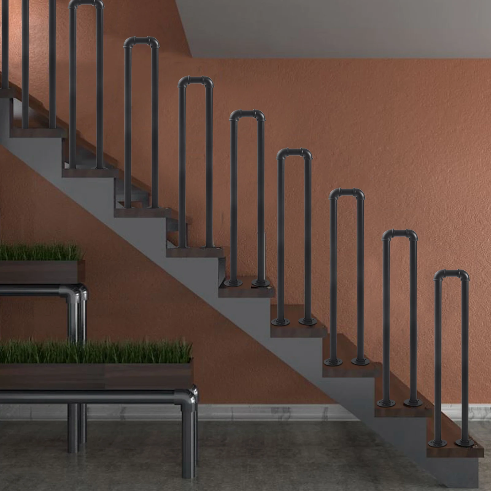 1*Industrial Style Water Pipe Shaped Indoor & Outdoor U-shaped Staircase Handrail 33.46 in,Mall or Garden Steel Black Flat Fence