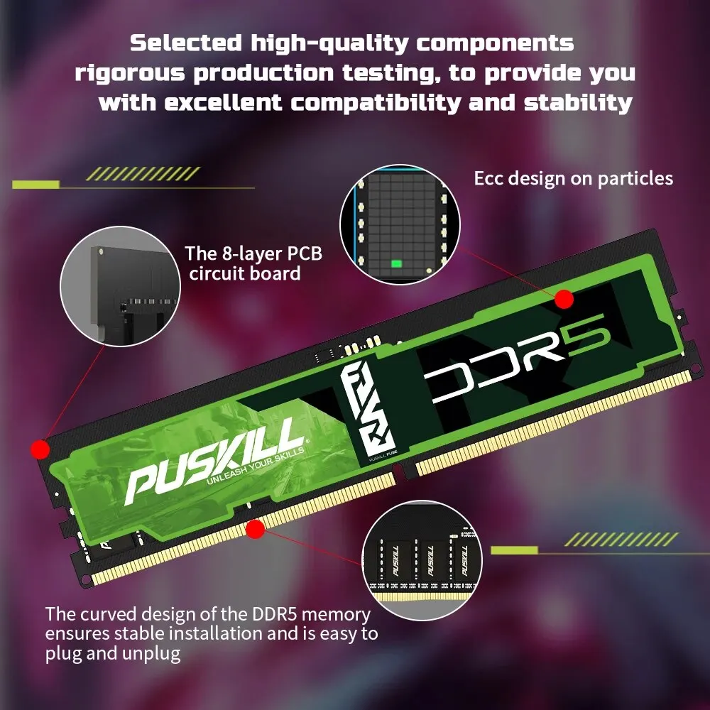 PUSKILL SICHERUNG DDR5 Memoria RAM 32 GB 16 GB 8 GB 1,1 V 4800 MHz 5600 MHz PC5 288-PIN Desktop UDIMM Speakon Speicher
