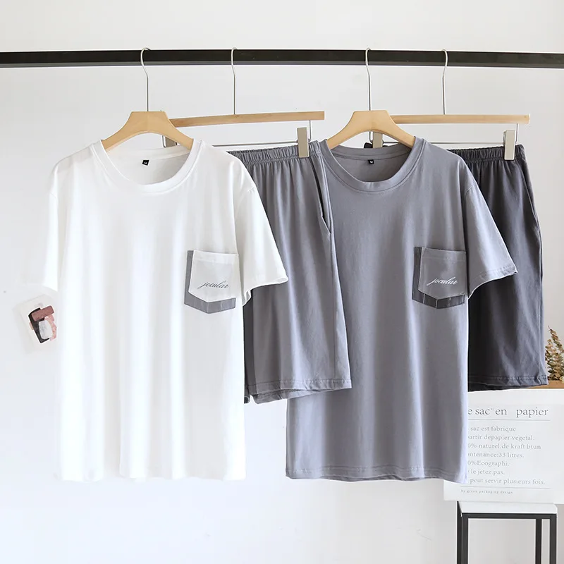 Japanischer Sommer neuer Herren-Pyjama, kurzärmelige Shorts, zweiteiliges Set, 100 % Baumwolle, gestrickt, Heimkleidung, dünn, lässig, großes Set