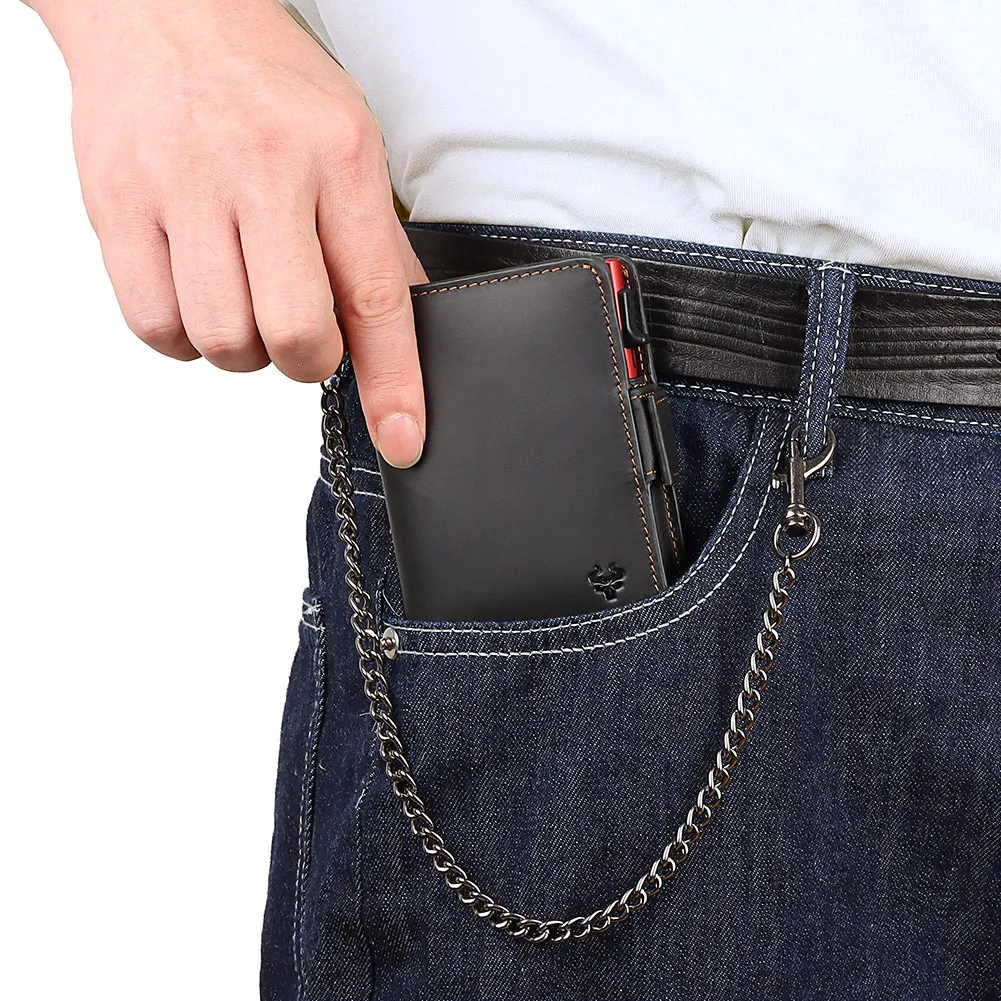 남자를위한 RFID 보호 신용 카드 소지자 철 체인과 미친 말 가죽 지갑 작은 지퍼 동전 주머니 미니 바이커 지갑