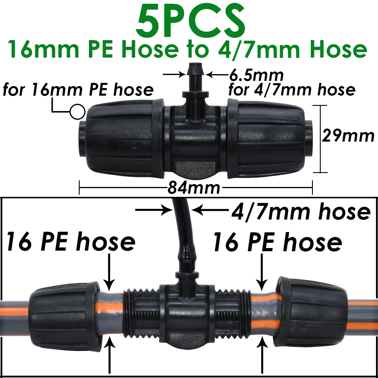 5pcs 1/2'' PE Pipe 16mm Connector Splitter Tee Coupling Threaded Lock to 4/7mm 3/5mm Hose Garden Watering Drip Irrigation