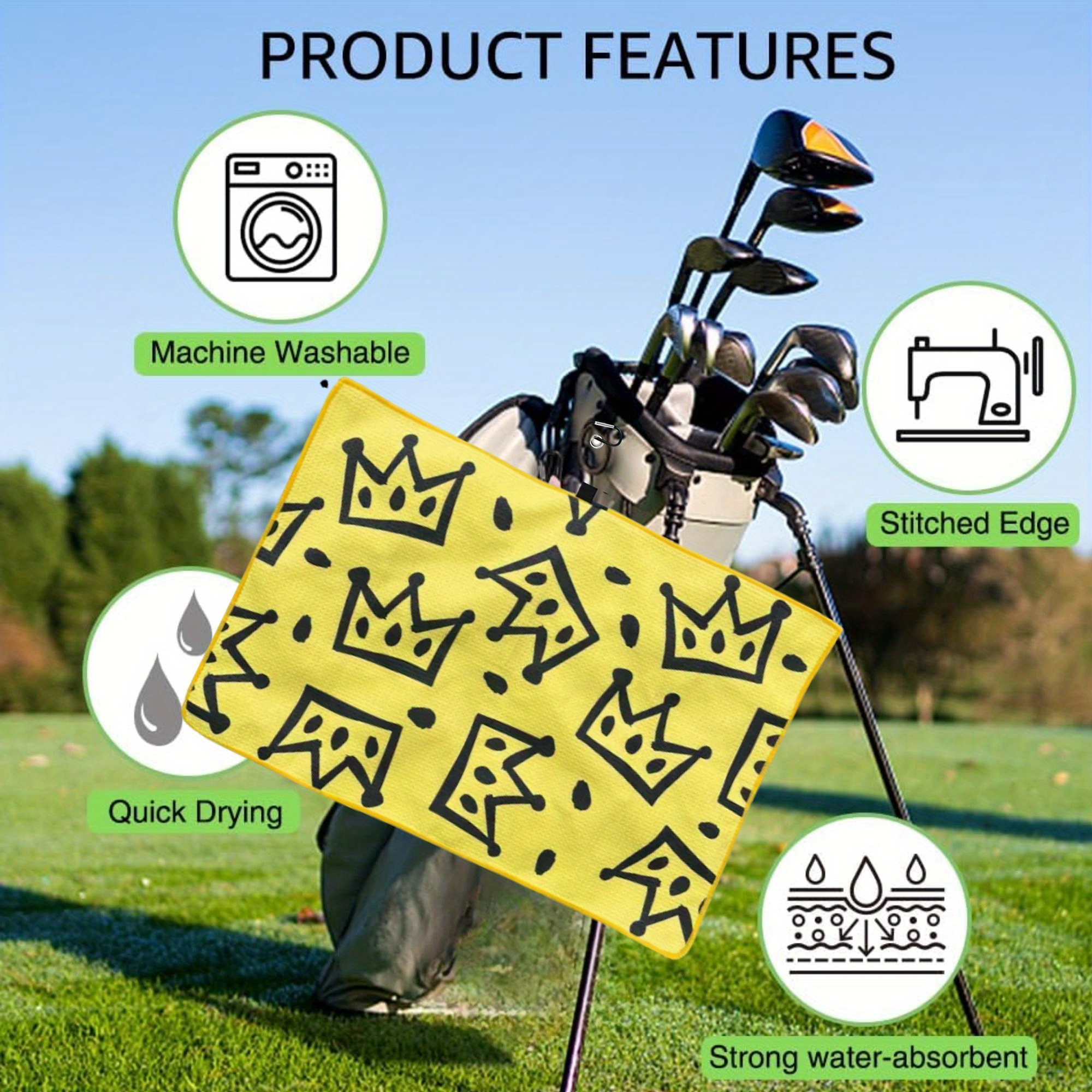 Divertida toalla de golf amarilla con estampado negro de palos de golf: ideal para bolsas de golf y regalo creativo para amantes del golf