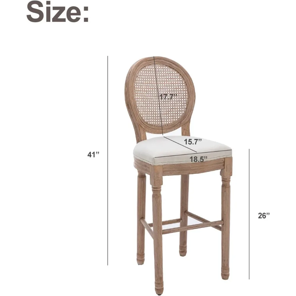 French Country Bar Stool Set of 4, Rattan Counter Height Chairs with Solid Wood Frame and Upholstered Seating, 26 Inch Bar