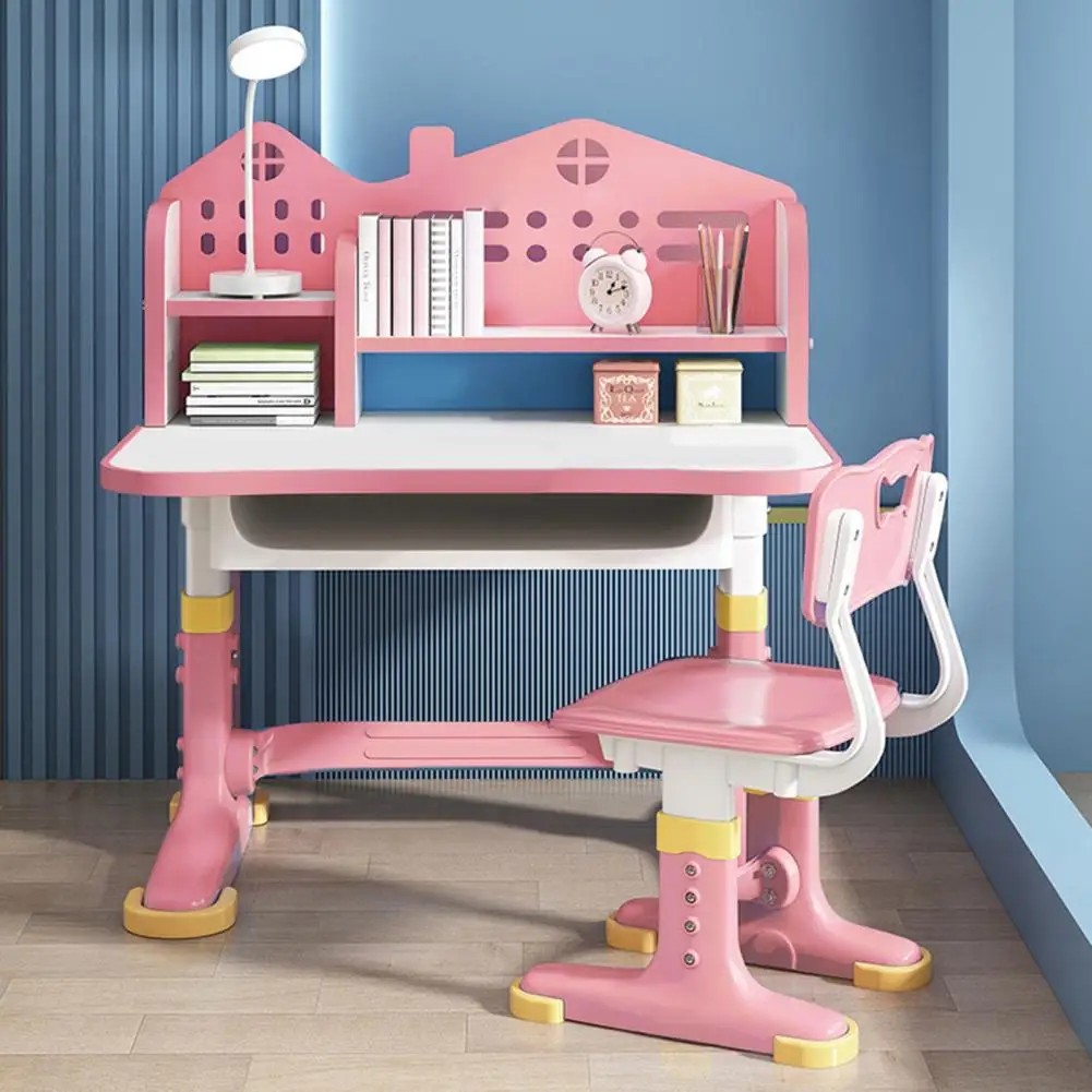 Kids Functional Desk Chair Set Height Adjustable Children School Study Desk with Castle Backboard, Widened Desktop, Bookstand