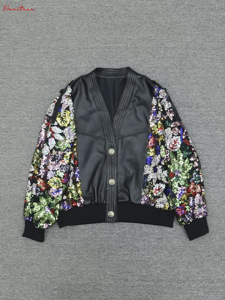 女性のための本革のジャケット,きらびやかなスパンコールビーズ,自然な羊,柔らかいアウターウェア,ファッション,wy2082