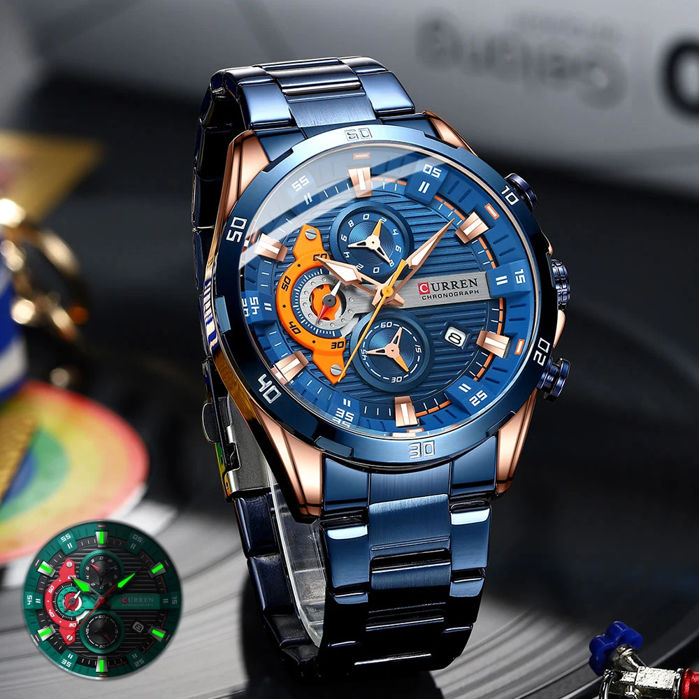 Relojes CURREN de acero inoxidable para hombre, Esfera luminosa de moda creativa con cronógrafo, relojes de pulsera informales para hombre