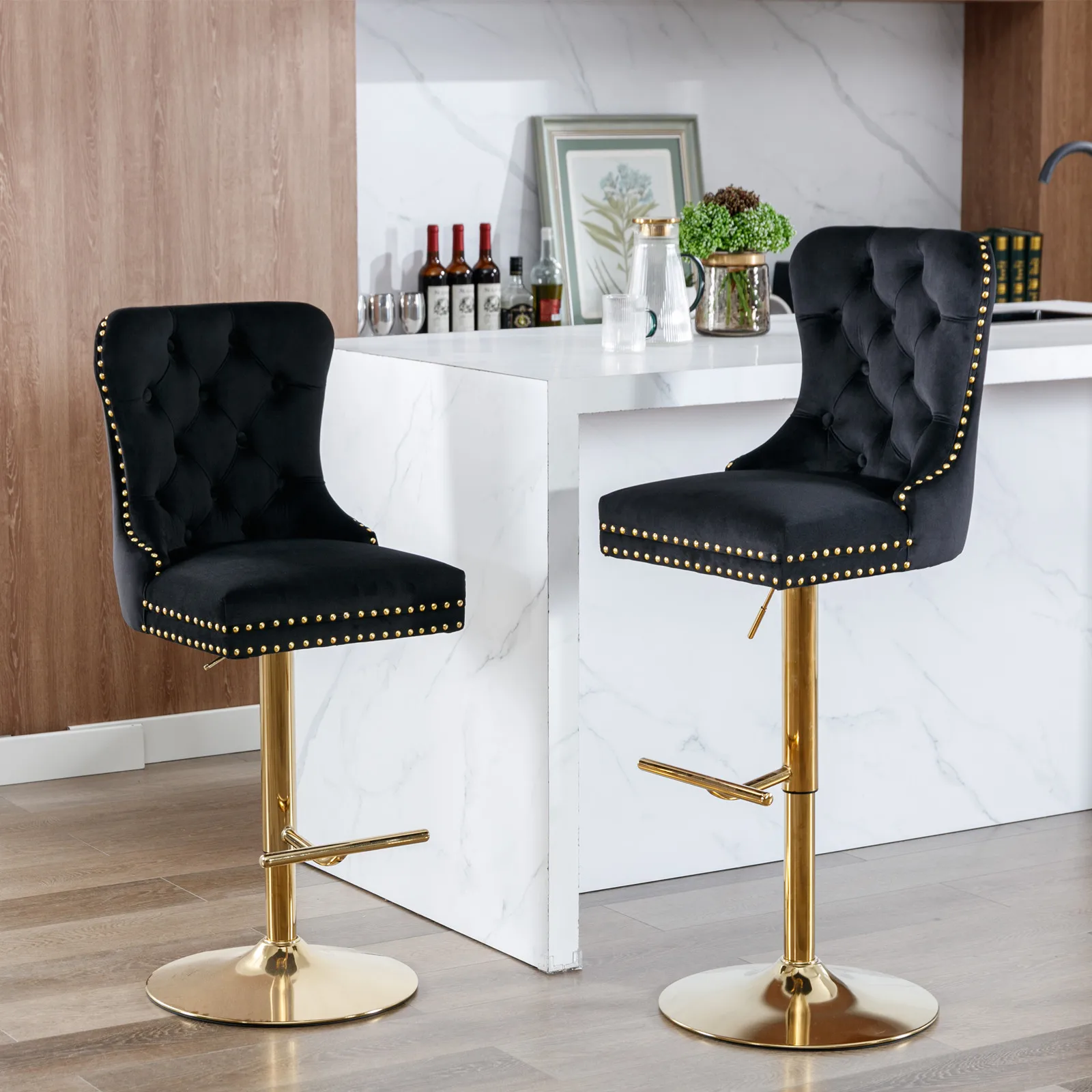 2PCS Modern Velvet Bar Stool Metal Frame Chairs Adjustable Counter Seat Height with Nailheads Trim Footrest for Dining Room
