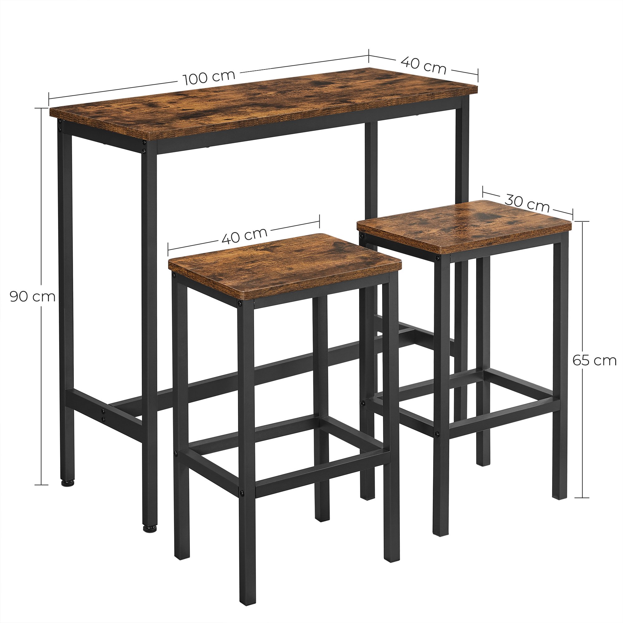 VASAGLE Ensemble de Meubles de Salle à Manger, Table et Tabourets de Bar, Table Petit-Déjeuner avec 2 Tabourets Hauts, Cadre en Acier, Style Industriel, Marron Rustique et Noir d'encre
