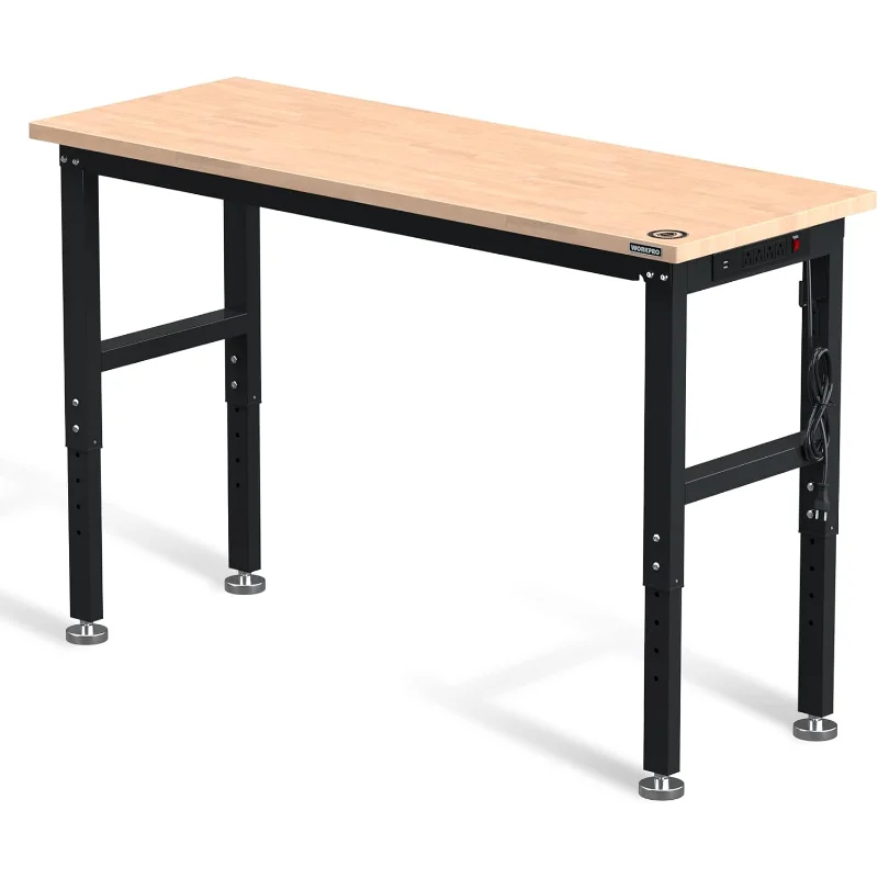WORKPRO 60" Adjustable Workbench, Rubber Wood Top Heavy-Duty Workstation, 2000 LBS Load Capacity Hardwood Worktable