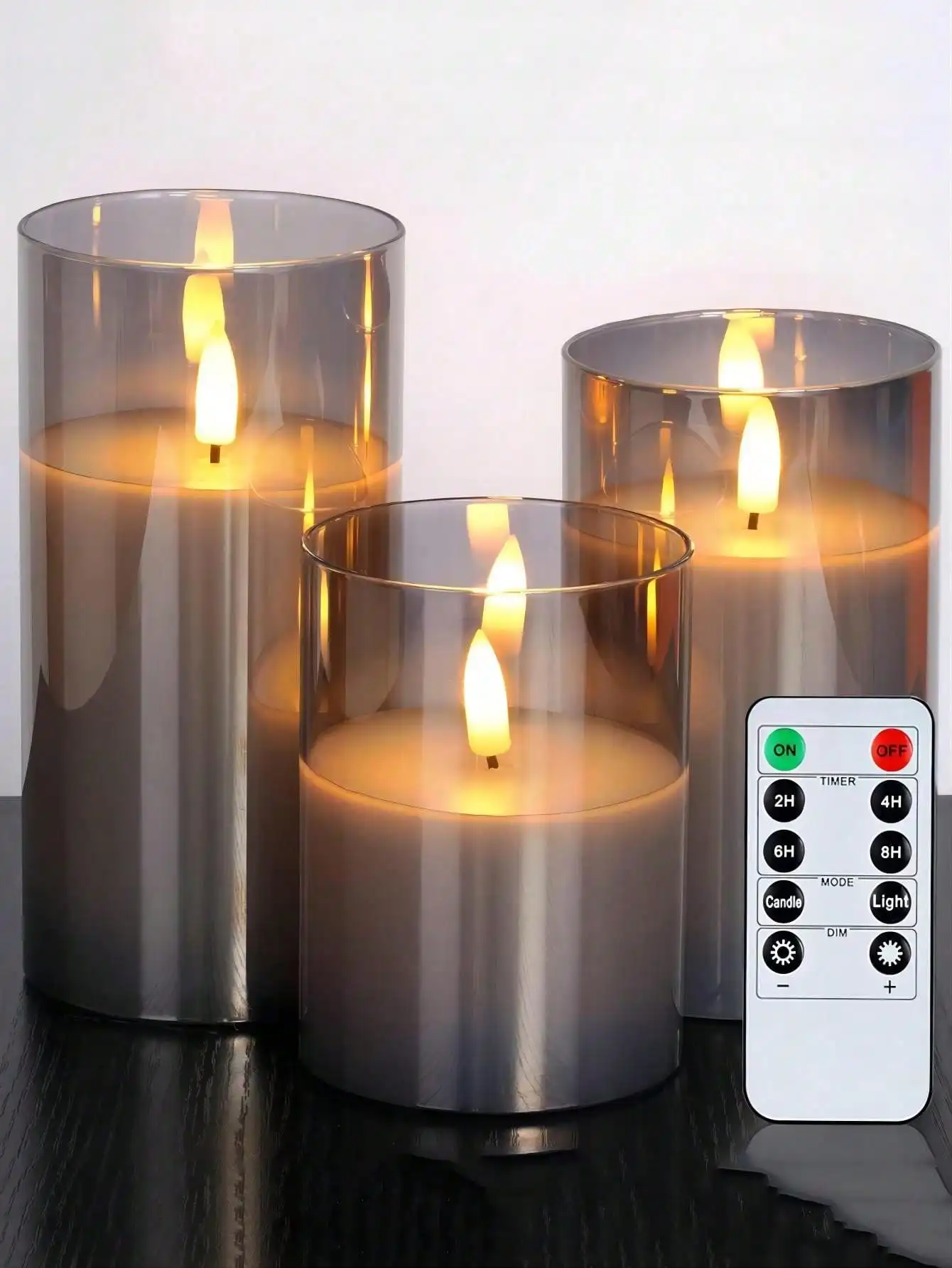 3D Flameless LED Candle Light Glass Jar Gray Amber Set 3 Candles Real Paraffin Wax LED Candles With Remote Control 2AA Battery