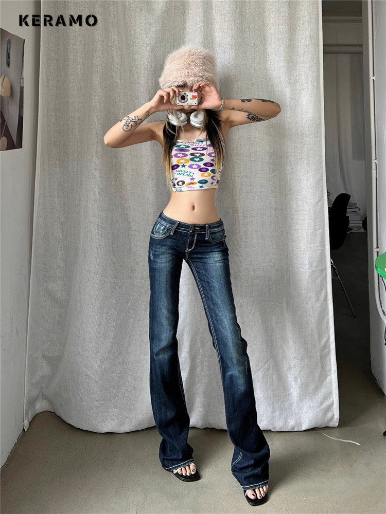 Pantalones vaqueros Gyaru Harajuku japonés Trashy Y2K para mujer, pantalones vaqueros acampanados de tiro bajo, pantalones largos con parte inferior acampanada de los años 2000, Kpop Vintage ajustados