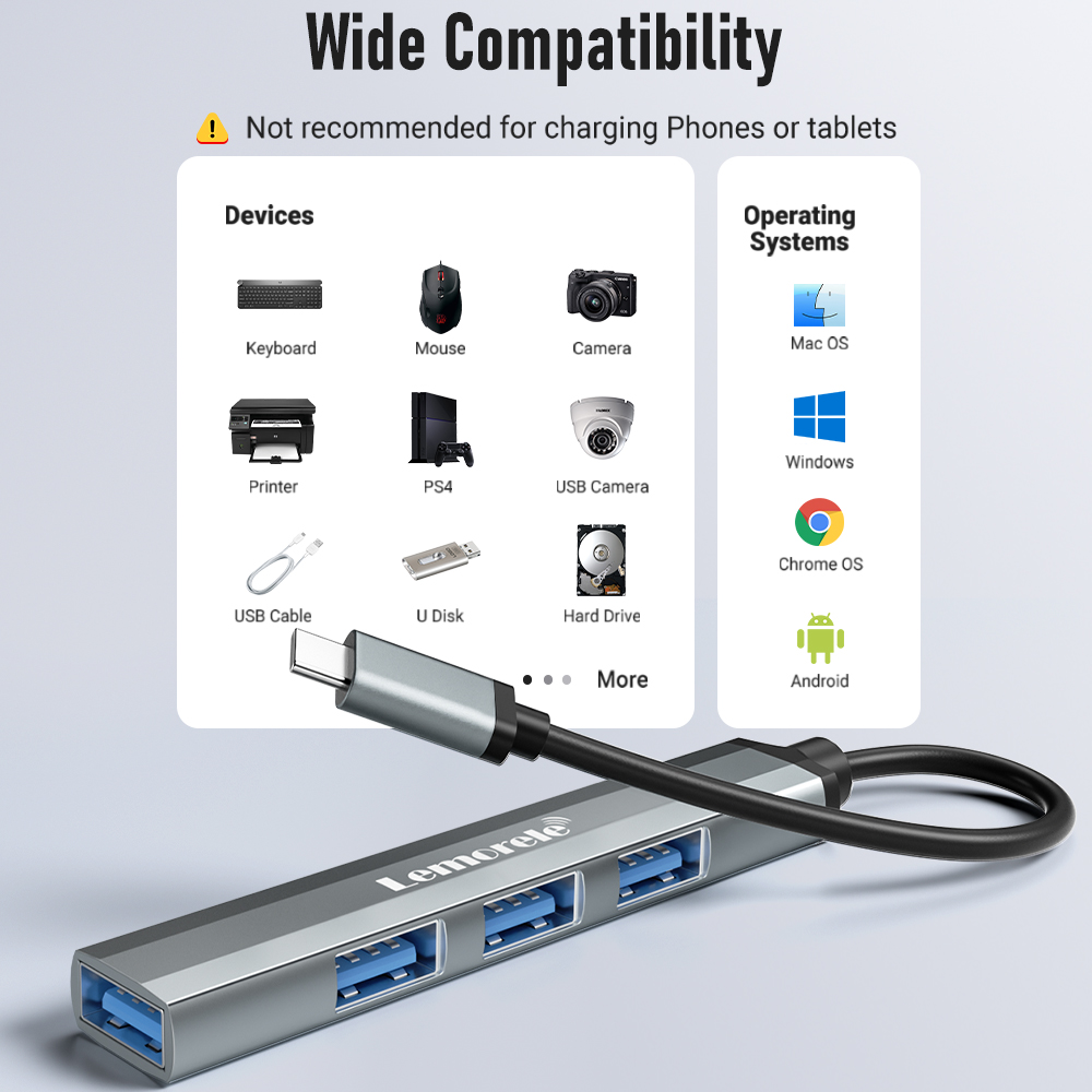Lemorele USB Hub Type C Hub USB3.0 OTG 4 Port USB C/A HUB Multi Splitter Adapter Akcesoria do laptopów Lenovo Macbook Pro