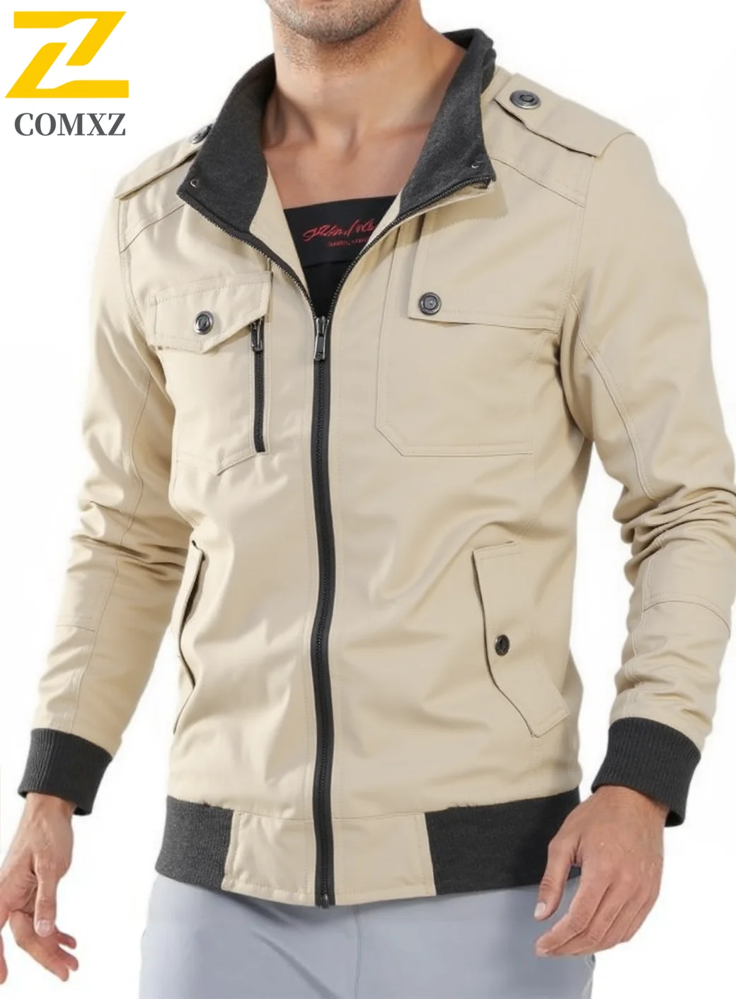 Chaqueta de algodón con cremallera completa de Color sólido para hombre, abrigo ligero de otoño de talla grande con cuello levantado, ropa de abrigo informal con múltiples bolsillos