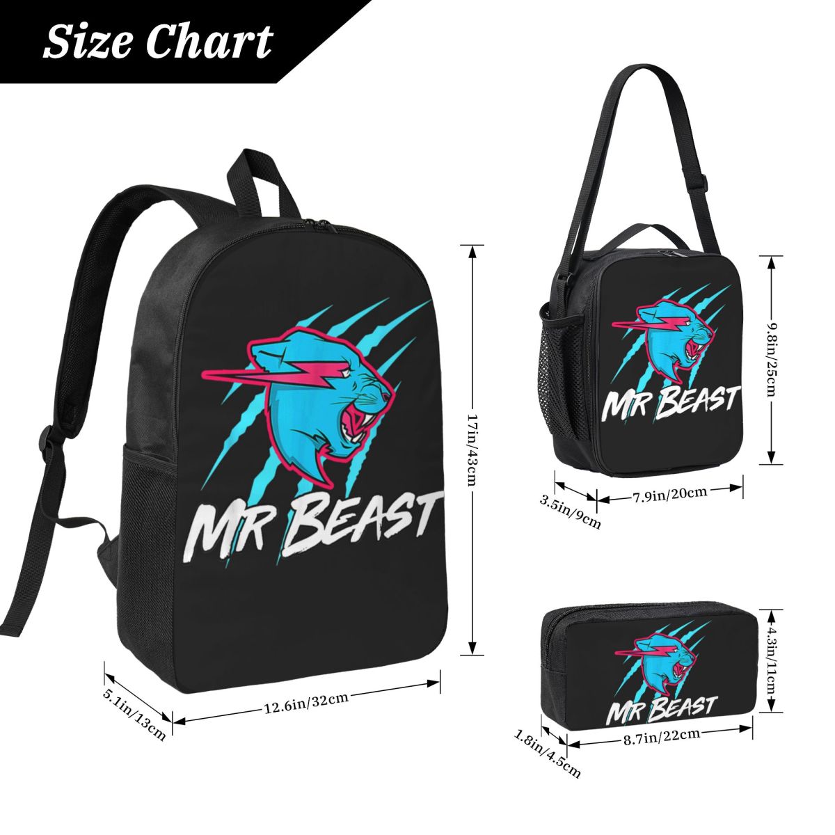 Mr Beasts Schultaschen-Set für Jungen und Mädchen, Gaming Beasts-Stil, Stifttaschen, Rucksack-Sets mit Lunchbox für Schüler, Rucksack