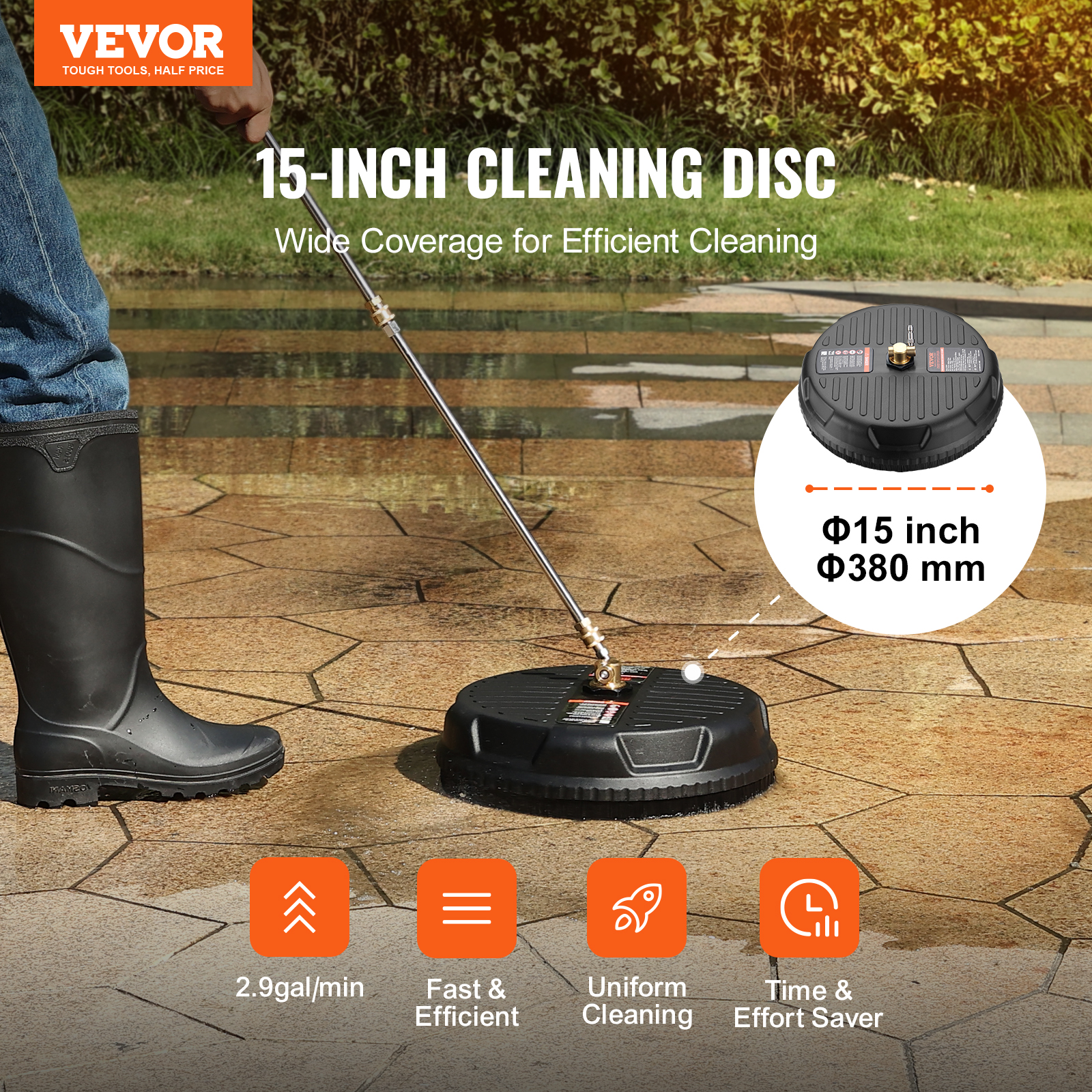 VEVOR 15/18/20/24" Pressure Washer Surface Cleaner w/ Handles & Wheels Stainless Steel Concrete Cleaner 4000 Max PSI for Garden