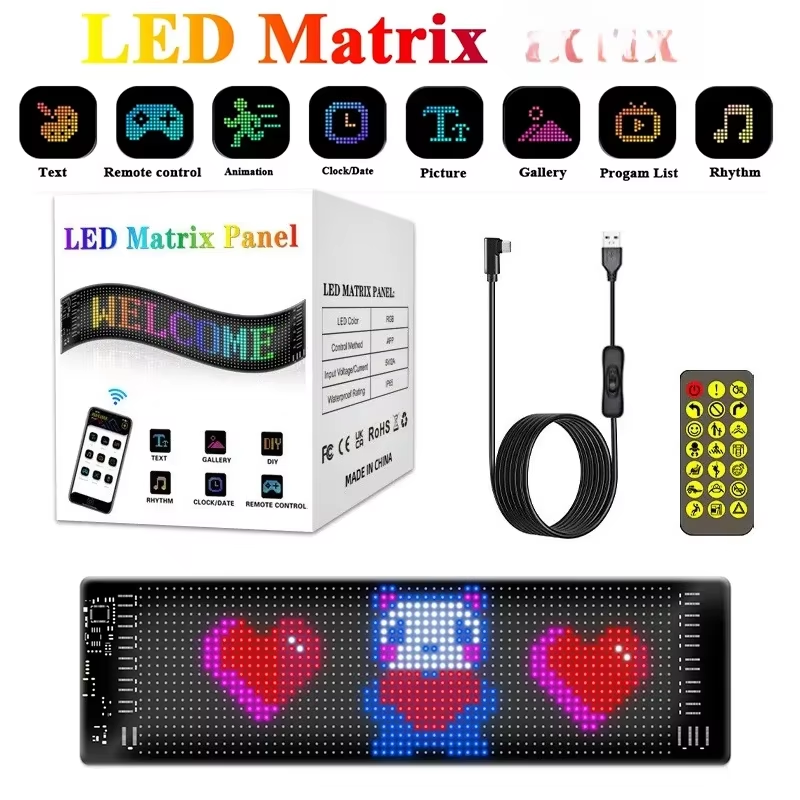 LED Display Full Color Bluetooth Connection Mobile APP Electronic Advertising Screen Flexible USB Car Screen