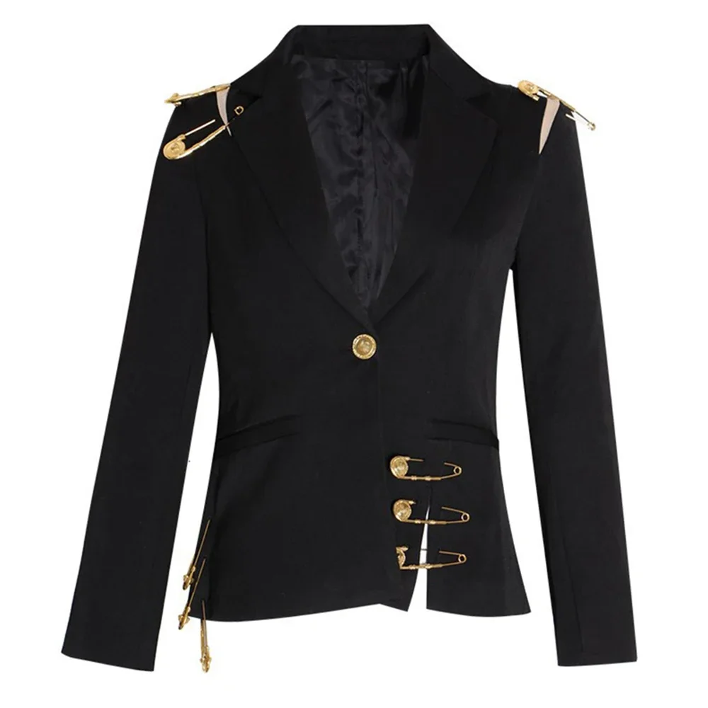VGH Chic Gespleißt Metall Pin Abnehmen Blazer für Frauen Kerb Kragen Langarm Patchwork Mesh Aushöhlen Mode Jacke Weibliche